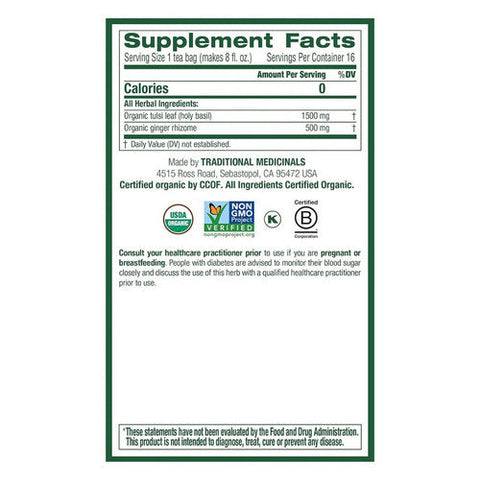 Traditional Medicinals, Organic Tulsi And Ginger, 16 Bags Traditional Medicinals