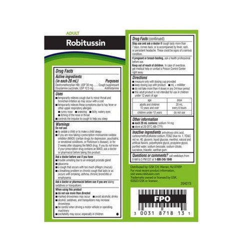 Robitussin, Adult Nighttime Cough DM Liquid Maximum Strength, 4 Oz Robitussin