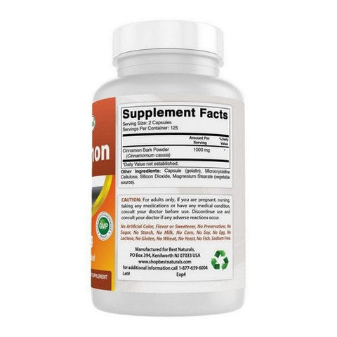 Best Naturals, Cinnamon Bark, 500 mg, 250 Caps Best Naturals