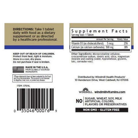 Windmill Health, Oyster Shell Calcium with Vitamin D, 500mg, 120 Tabs Windmill Health