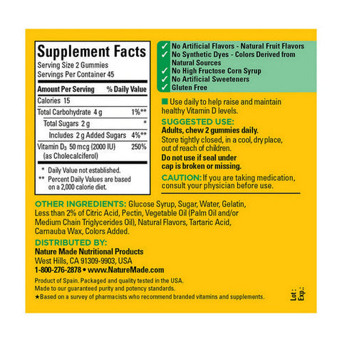 Nature Made, Vitamin D3 Gummies Strawberry Peach And Mango, 25 Mcg, 90 Gummies Nature Made