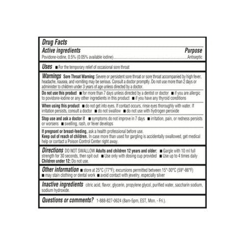 Betadine, 0.5% Povidone-Iodine Sore Throat Antiseptic Gargle Mint, 8 Oz Betadine