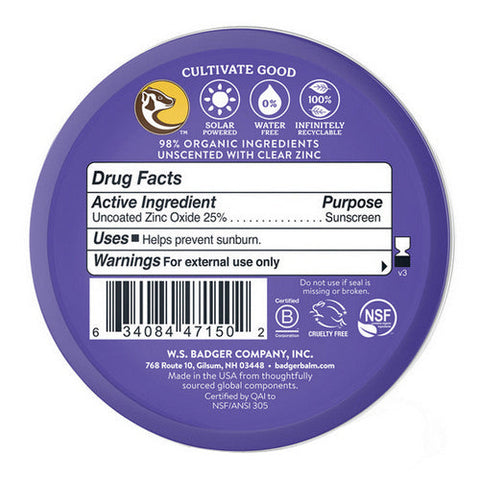 Badger Balm, Adventure Sport Mineral Sunscreen with Clear Zinc SPF 50 Unscented, 2.4 Oz Badger Balm