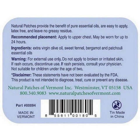 Natural Patches of Vermont, Vermont Sweet Fennel Appetite Suppressant Formula Essential Oil Patch, 10 Count Natural Patches of Vermont