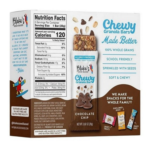 Blakes Seed Based, Chewy Granola Bar Chocolate Chip, 4.6 Oz(Case Of 6) Blakes Seed Based