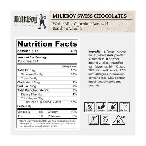 Milkboy Swiss Chocolate, White Chocolate With Bourbon Vanilla, 3.5 Oz(Case Of 10) Milkboy Swiss Chocolate