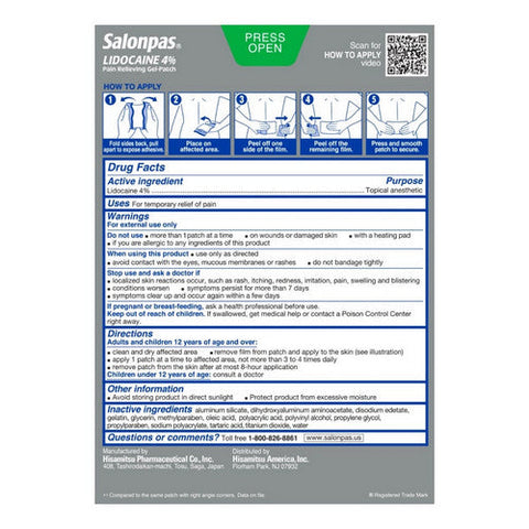Salonpas, Lidocaine 4% Pain Relieving Gel Patch, 15 Count / 1 Box Salonpas