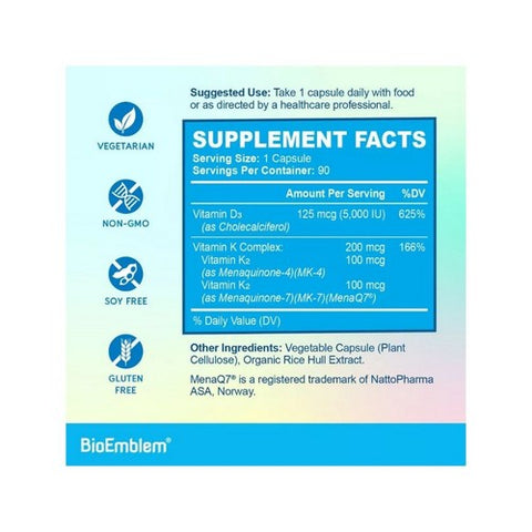 BioEmblem, Vitamin D3 Plus K2, 90 Veg Caps BioEmblem